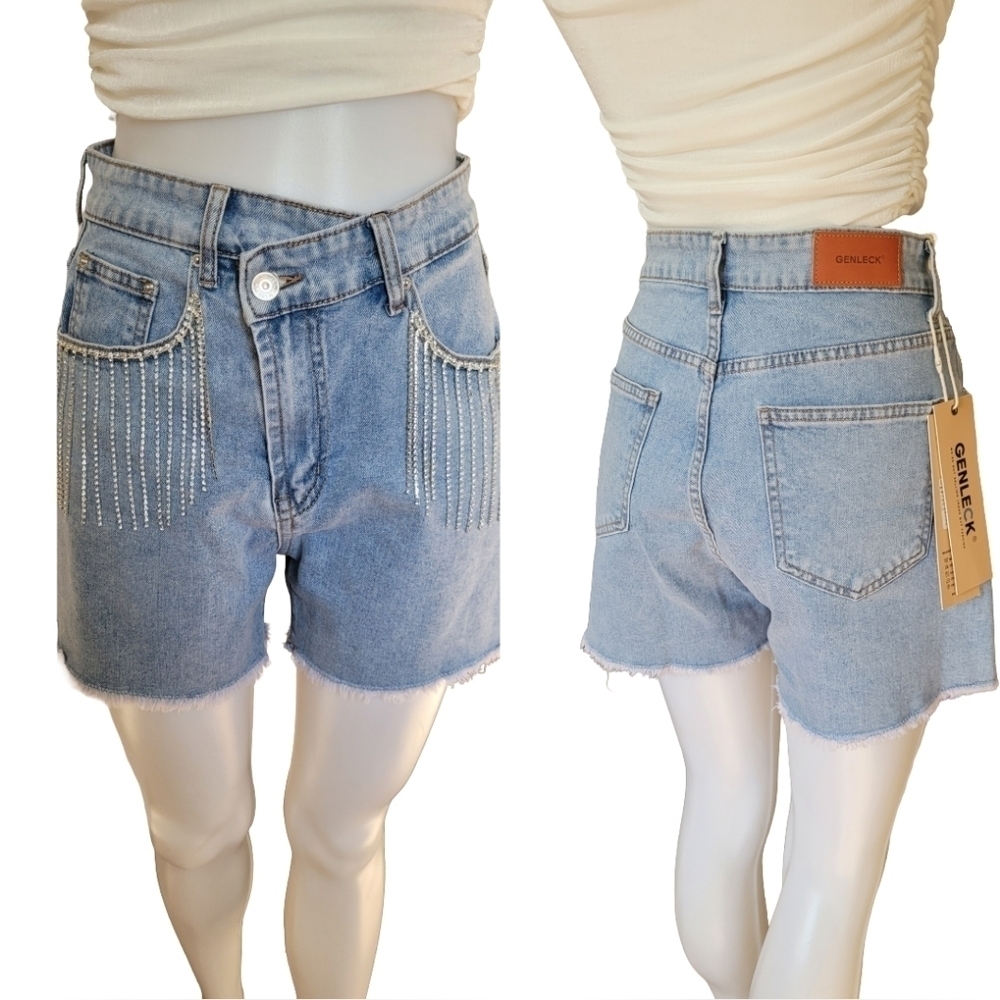 genleck  O'Neill Blue Denim Shorts with Sparkling Fringe SIZE 8